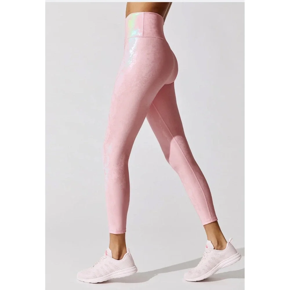 Carbon38 Pink Iridescent Foil High Rise Leggings Womens Medium Athleisure Shiny
